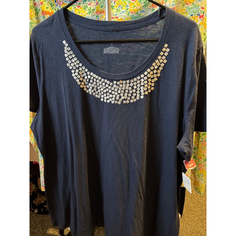 004 Merona Women Navy Blue Studded Scoop Neck Cotton Slub Short Sleeve Top‎  2XL